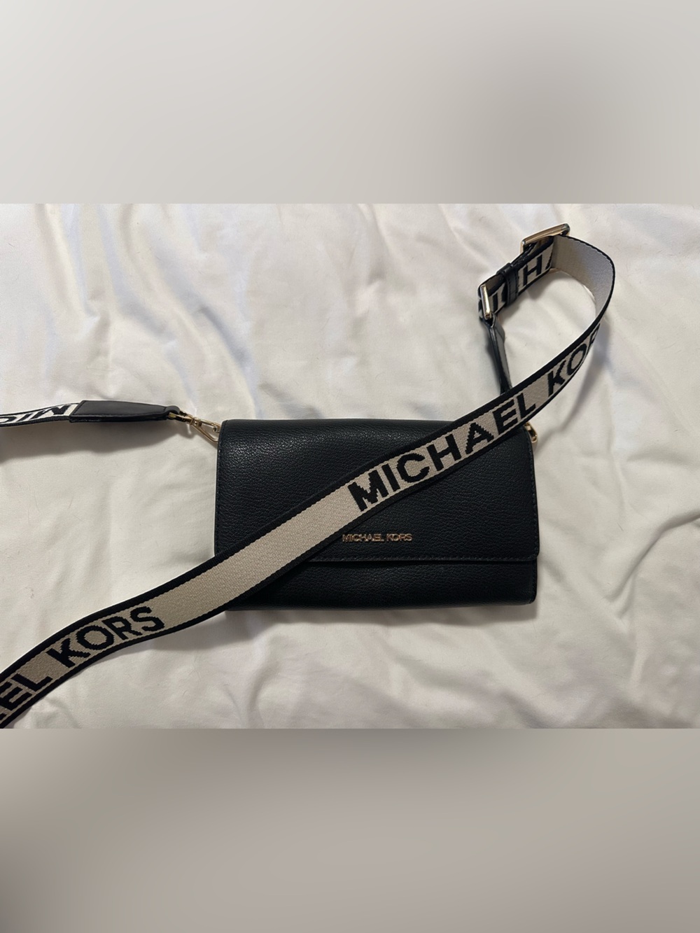 Michael Kors Black Leather Crossbody with Logo Canvas Strap
